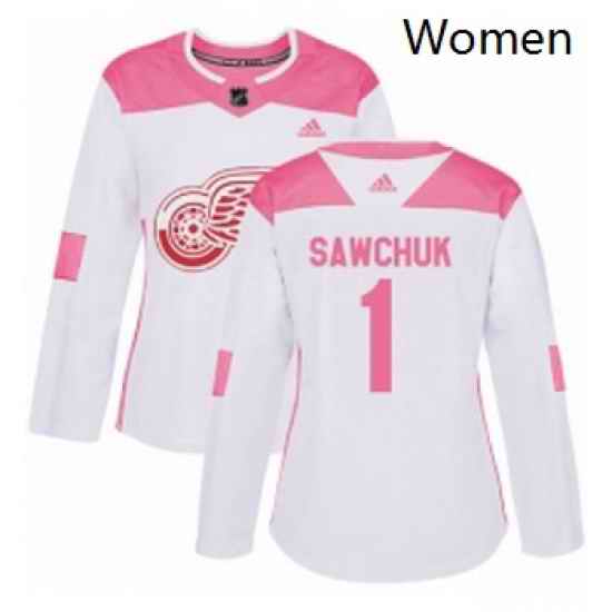 Womens Adidas Detroit Red Wings 1 Terry Sawchuk Authentic WhitePink Fashion NHL Jersey